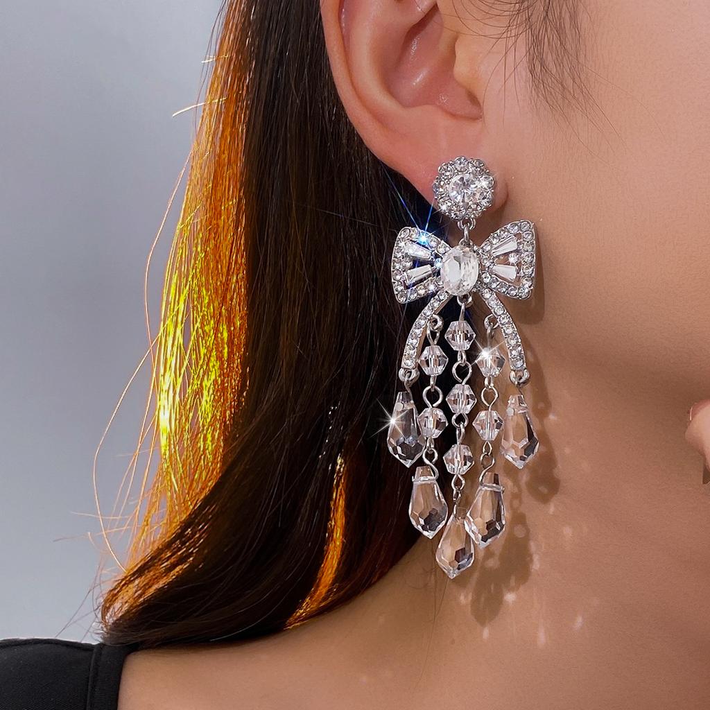 Silver Needle Diamond Glass Bow Fringed Earrings Light Luxury Premium Earrings Exquisite Versatile Commuter Earrings