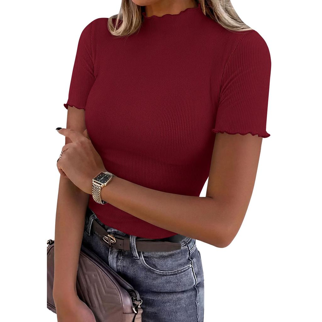 Womens Spring Tops Casual Ribbed Mock Neck Short Sleeve Summer Shirts for Women Soft Stretchy Slim Fit Tee Dressy Tops for Women