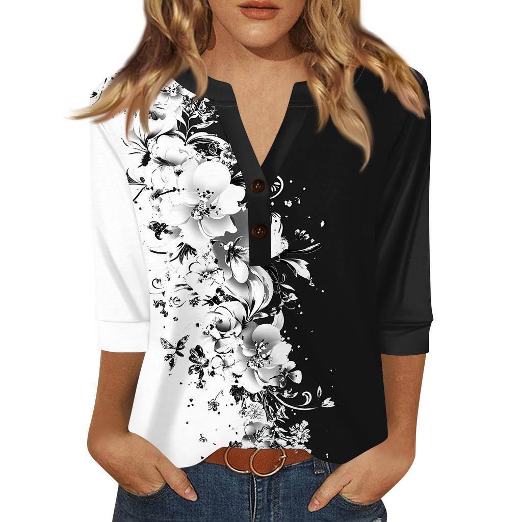 Women's T Shirt Print Button 3/4 Sleeve Daily Weekend Fashion Basic V- Neck Regular Top