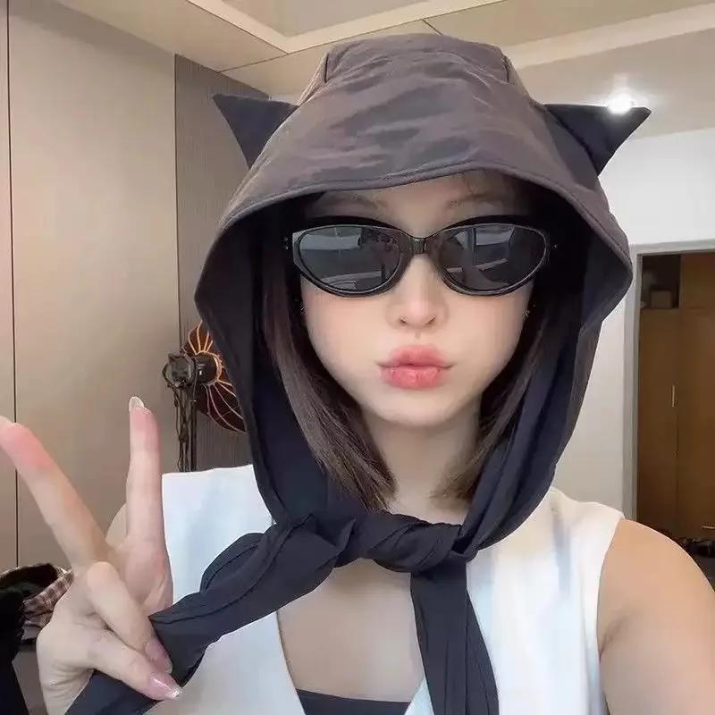 1-10PCS Summer Quick Dry UV Protection Sun Visor Hat for Women with Devil Horns Strap Cat Ear Slimming Outdoor Hiking Beach Cap