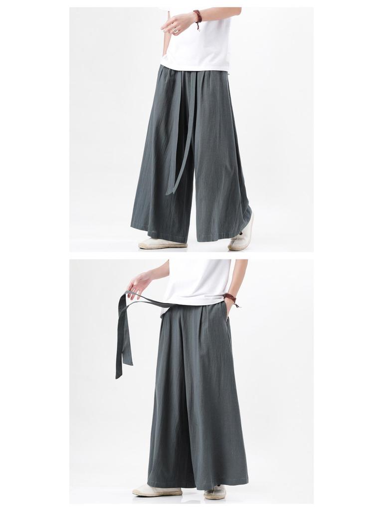 2023 Letní Pánské Volné Bavlněné Lněné Kalhoty s Širokými Nohavicemi - Nový Čínský Styl Ležérní Oblečení