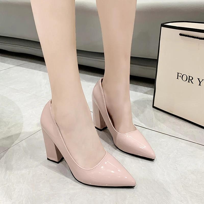 Spring Fashion New High Heels for Women Thick Heel Pointed Tip Solid Color Shoes Women Classic Party 2025 Zapatillas De Mujer
