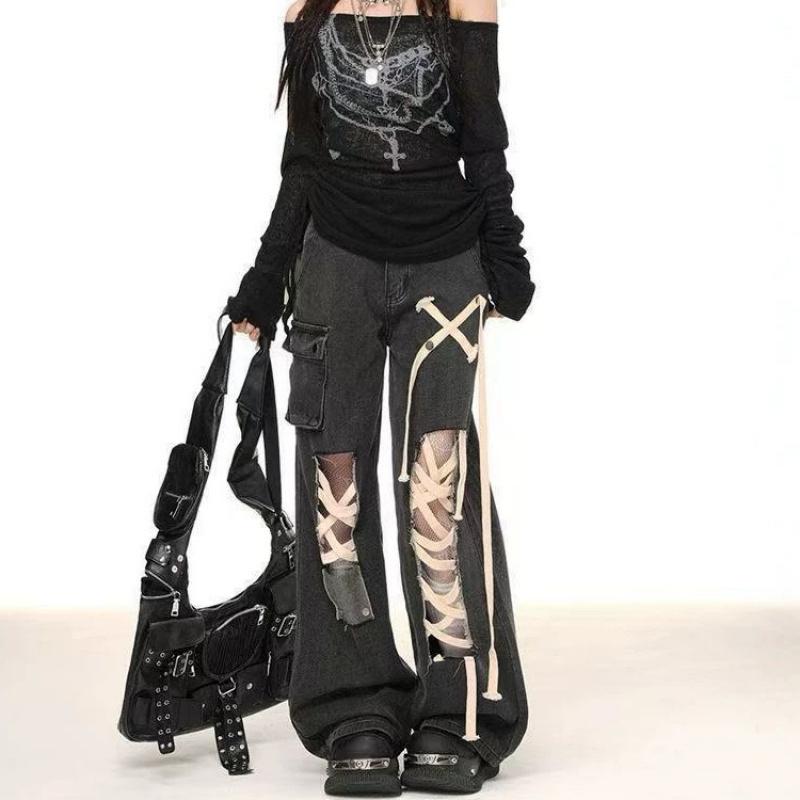 Women's New High-Waisted Wide-Leg Pants Punk Black Strap Distressed Ripped Jeans