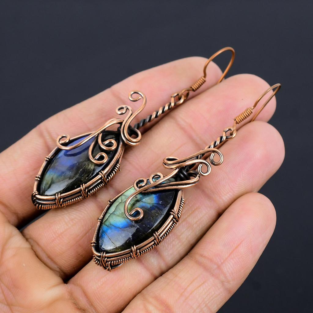 Labradorite 999 Copper Wire Wrapped Earrings, Handmade Gemstone Earrings Jewelry, Gifts For Wife Brand New Earrings