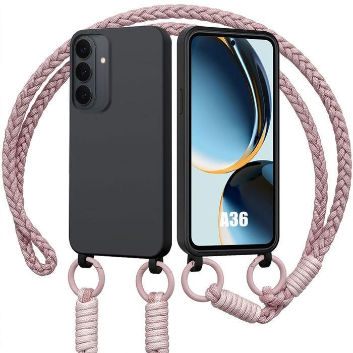 Coque Silicone - BOOLING - pour Samsung Galaxy A36 5G - Silicone Liquide Noire avec Cordon Rose