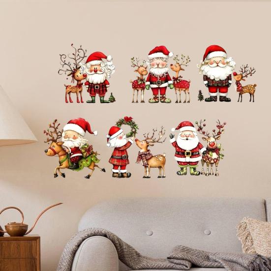 Indoor Christmas Scene Wall Stickers, Watercolor Santa Claus Reindeer Decals, Self-Adhesive Festive Decorations Stickers for Living Room Bedroom