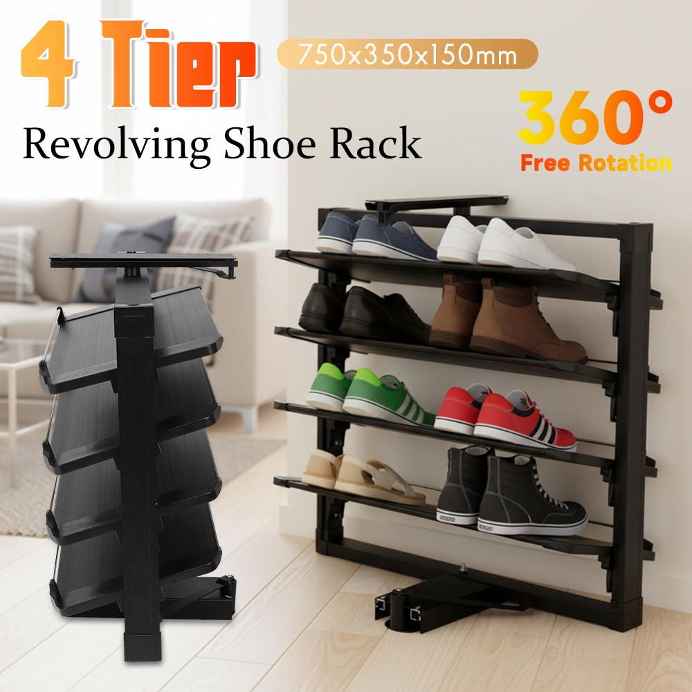 360° Rotating Metal Shoe Rack Pull-Out 4 Tier Adjustable Height Vertical Shelf Organizer Space Saving for Bedroom Closet Storage