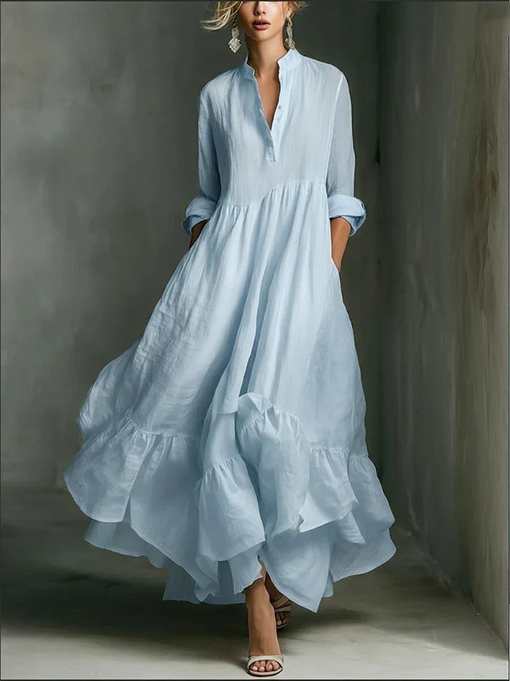 Women Solid Color Stand Collar V Notch Long Sleeve Tiered Ruffle Maxi Dress Casual Loose Fit Dress