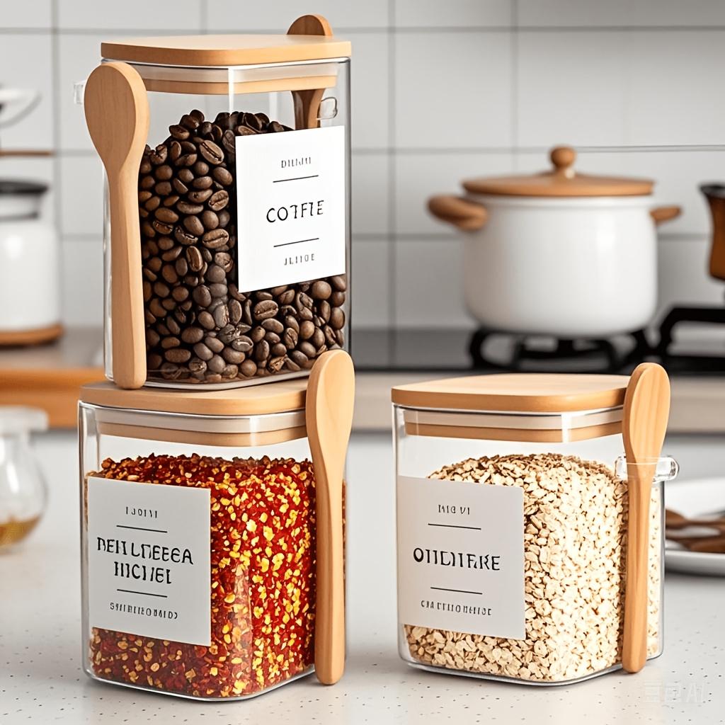 Glass sealed jar with spoon, kitchen miscellaneous grains and dried fruits storage bottle, bamboo and wood lid with spoon, household seasoning jar