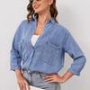 Women's Plus Size Loose Fit Denim Shirt with 3/4 Sleeves and Double Pockets Casual Everyday Top