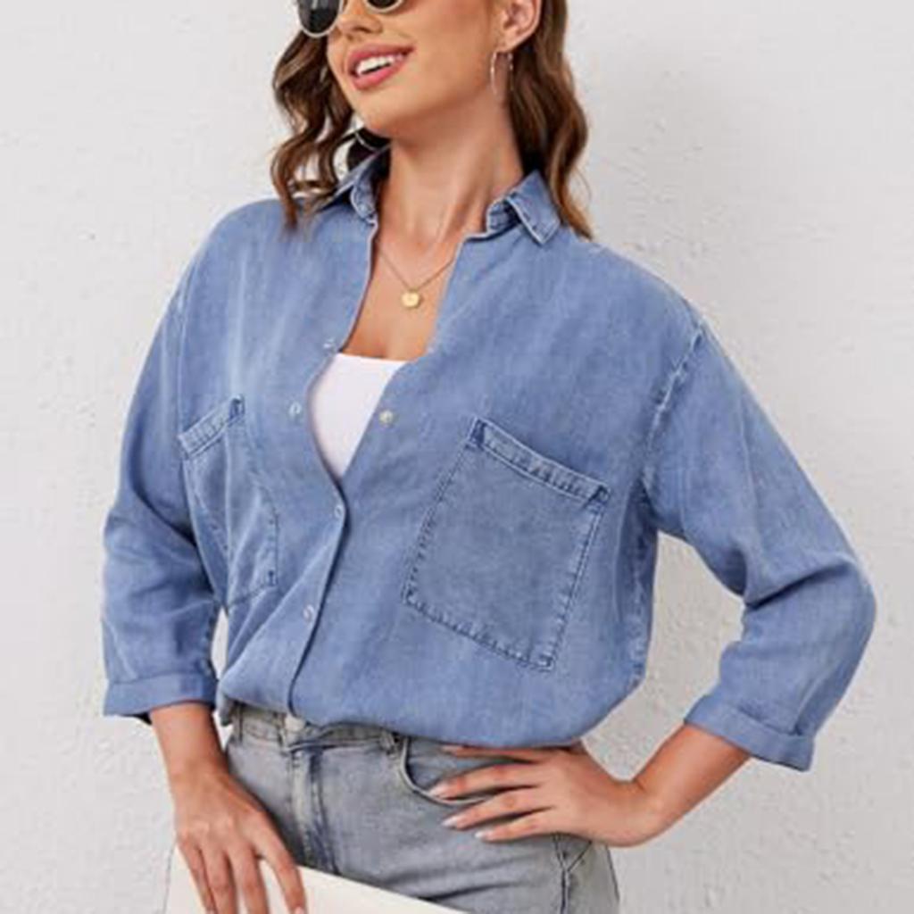 Women's Plus Size Loose Fit Denim Shirt with 3/4 Sleeves and Double Pockets Casual Everyday Top
