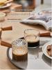 Glass Espresso Bean Measuring Cup with Double Spout, Wooden Handle, and Small Milk Jug