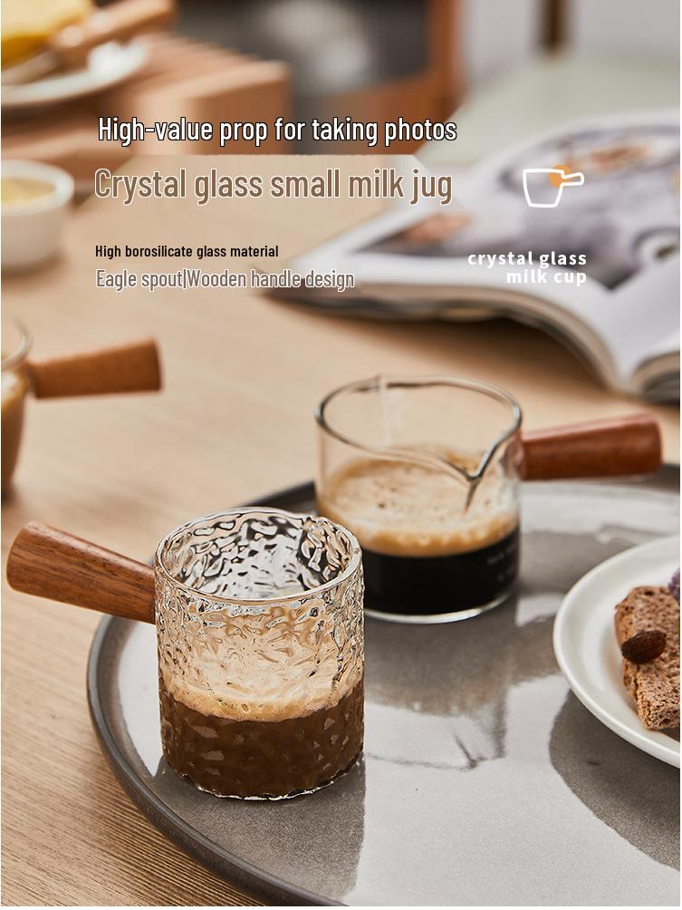 Glass Espresso Bean Measuring Cup with Double Spout, Wooden Handle, and Small Milk Jug