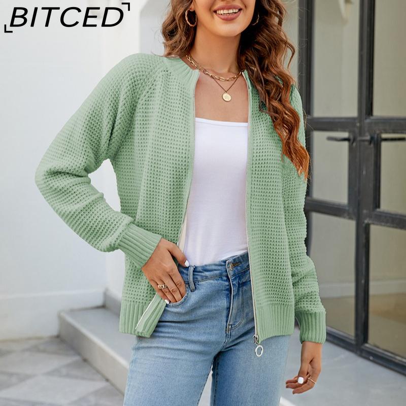 BITCED Autumn/Winter Women's Solid Colour Zip-Up O-Neck Knitted Cardigan