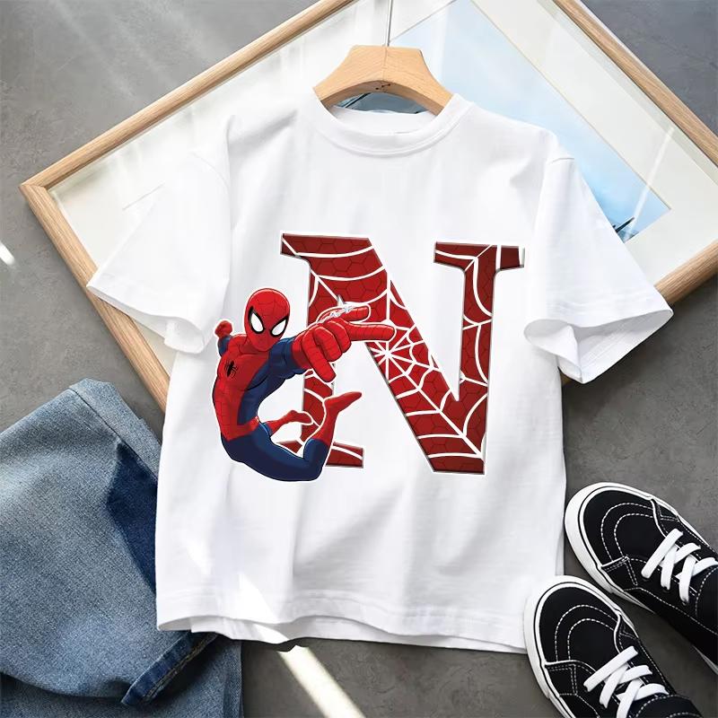 2026  New Children's Spider Man Cartoon Letter Printed T-shirt Cotton T-shirt Boys' Short Sleeved Top Children's Clothing