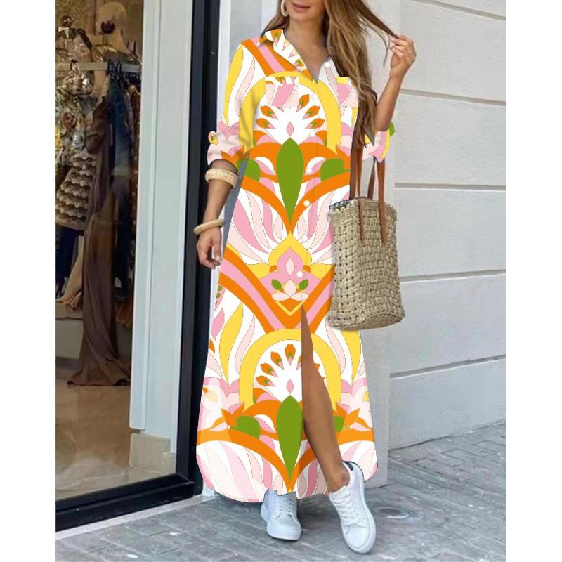 Dames Casual Dagelijkse Lange Mouw Omgeslagen Kraag Jurk Knopen Kettingen Print Mode Streetwear Jurk Losse Lange Jurk