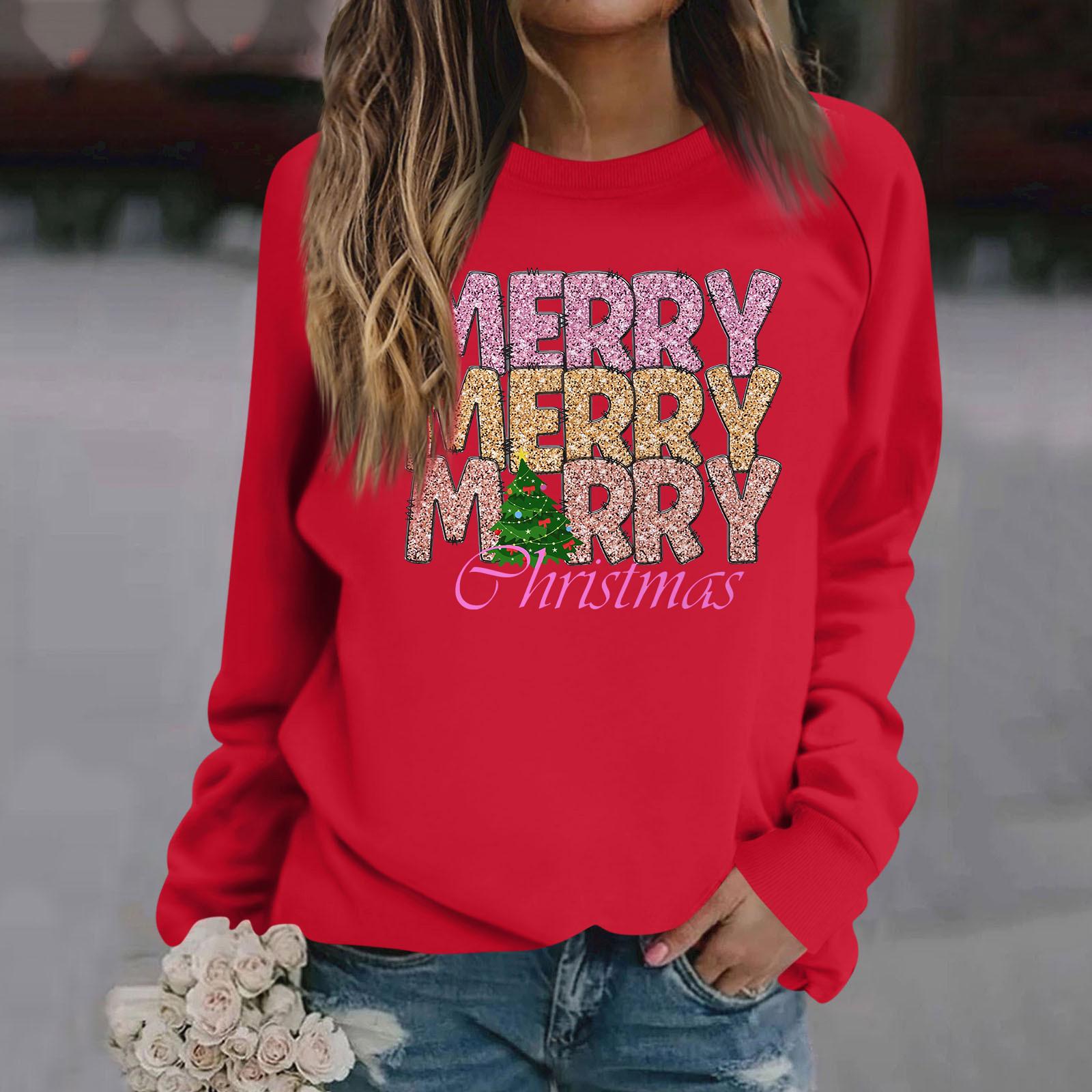 

Женские футболки, свободные, модные и повседневные толстовки с круглым вырезом и длинными рукавами с рождественским принтом L красный