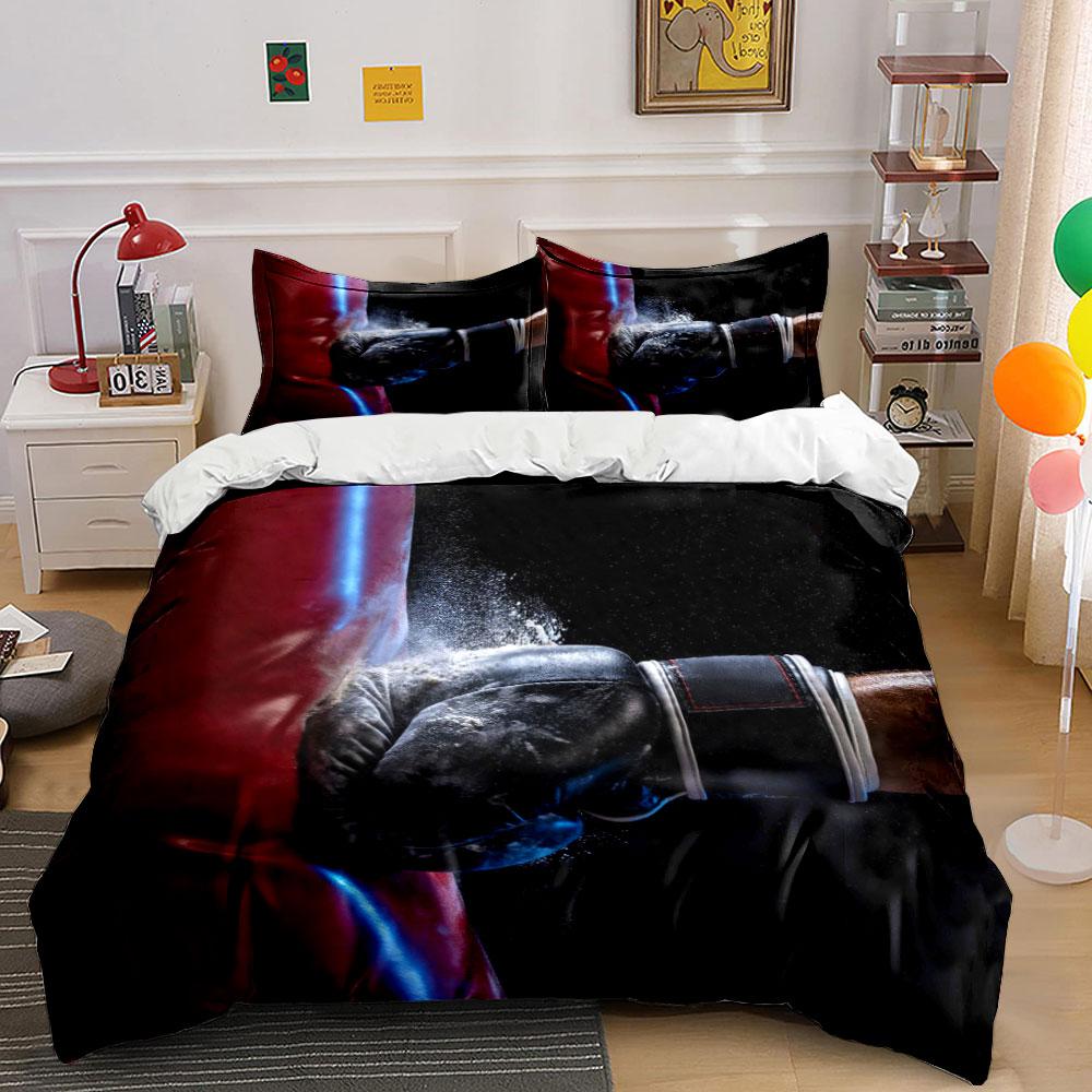 3Pcs Boxing Punching Bag Bedding Set, Black Glove Hitting Red Sandbag Print Duvet Cover + 2 Pillowcases, Sports Design For Boys