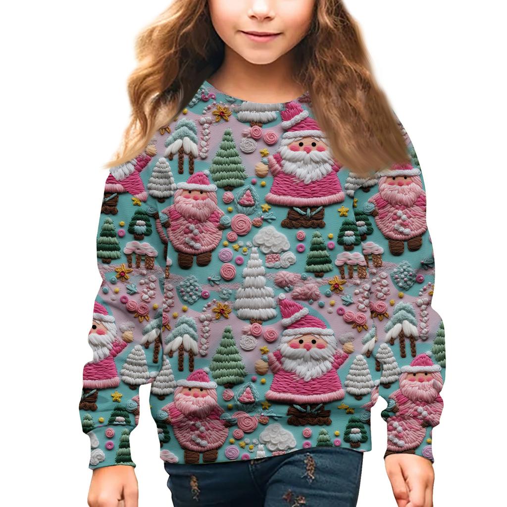 Girls Round Neck Pullovers For Kids Christmas Day Embroidery Printed Tops