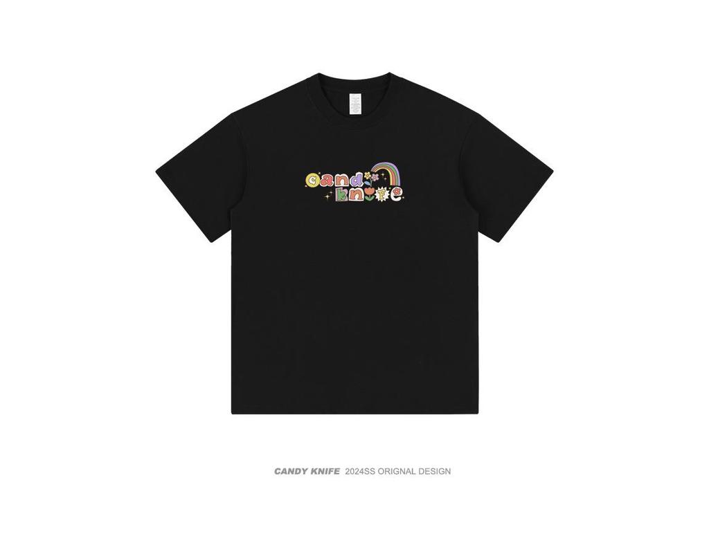 Tide Pure Cotton Unisex T-Shirt - Fun Letter Cartoon Print, Loose Fit, Unique Design