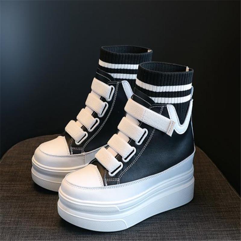 Fashion Spring Autumn Women High Top Sneakers Breathable Thick Sole Chunky Sneakers Ankle Boots 8cm Platform Booties Wedge Boots White