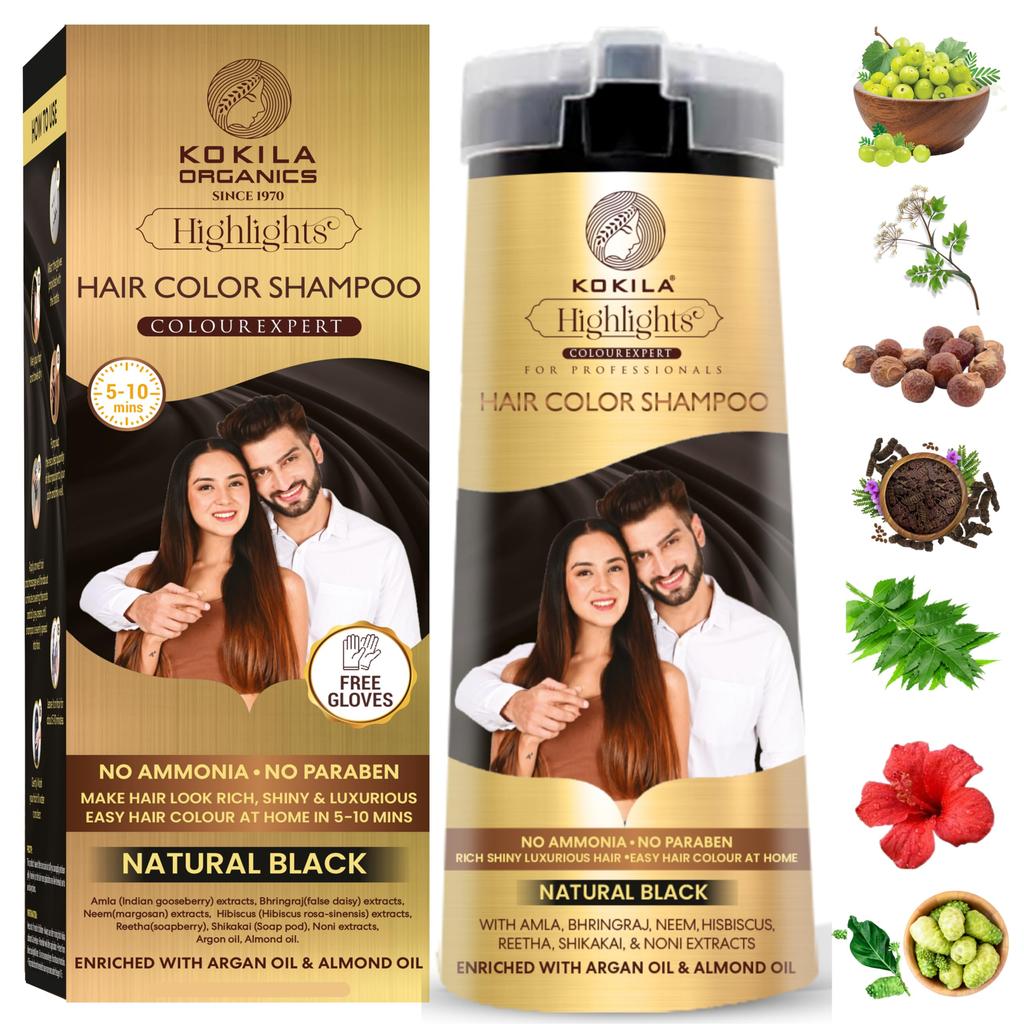 Shampoo Colorante per Capelli Kokila per Uomini e Donne | Senza Ammoniaca - Senza Parabeni | 10 Paia di Guanti Gratuiti, Nero Naturale 400ml