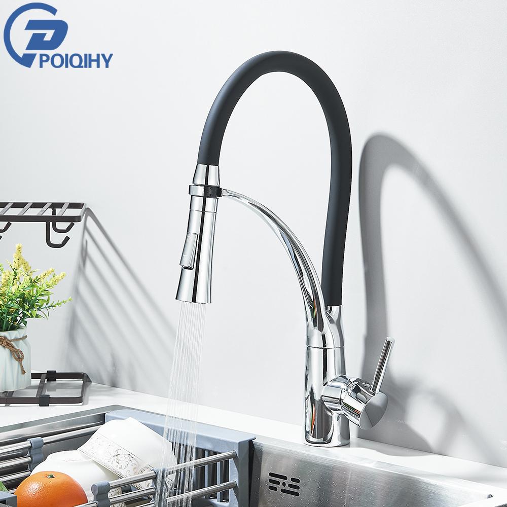 

POIQIHY выдвижной черный кухонный смеситель для ванной комнаты, кухонный кран для раковины, однорычажный смеситель с высоким давлением, золотистый смеситель