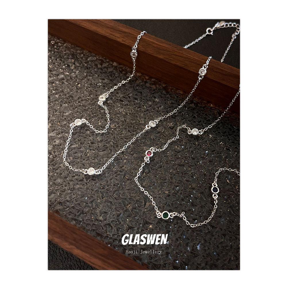 High-End Simple Bead Chain Colored Zircon Necklace Women'S Light Luxury Niche Cold Wind Collarbone Chain Jewelry
