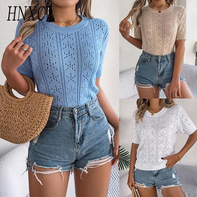 HNXC Frühling und Sommer Lässiges einfarbiges Strickoberteil mit Cut-out und kurzen Ärmeln für den Urlaub Damenbekleidung