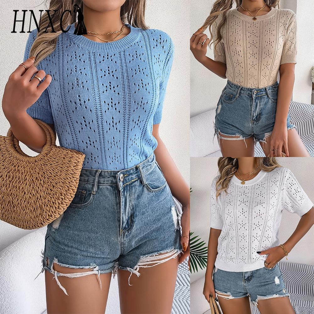 HNXC Spring and Summer Casual Solid-color Cut-out Short-sleeved Knitted Top for Vacation Women's Wear