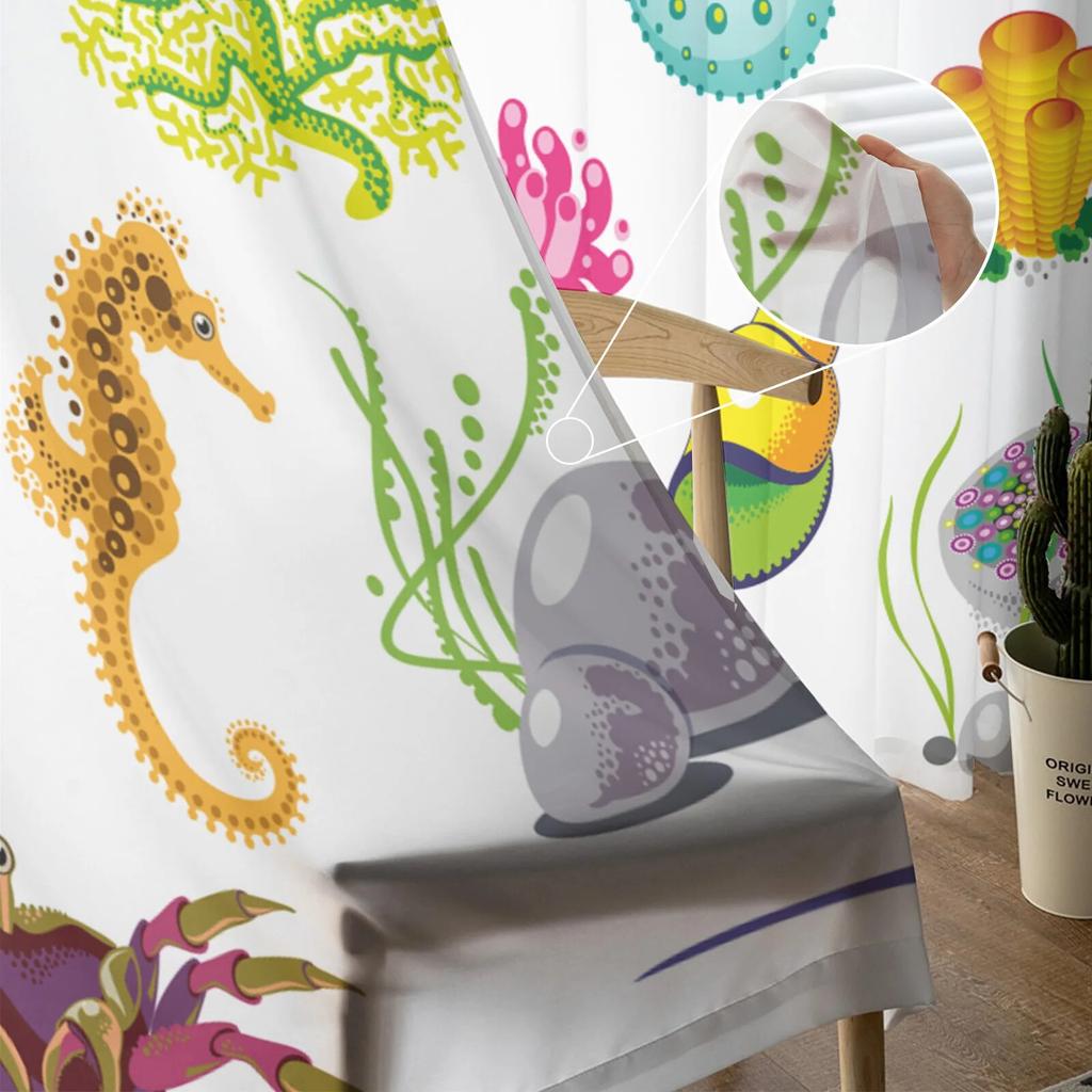 Cartoon Marine Life Animal Tulle Curtains for Living Room Drapes Window Sheer Modern Curtains for Bedroom Decor