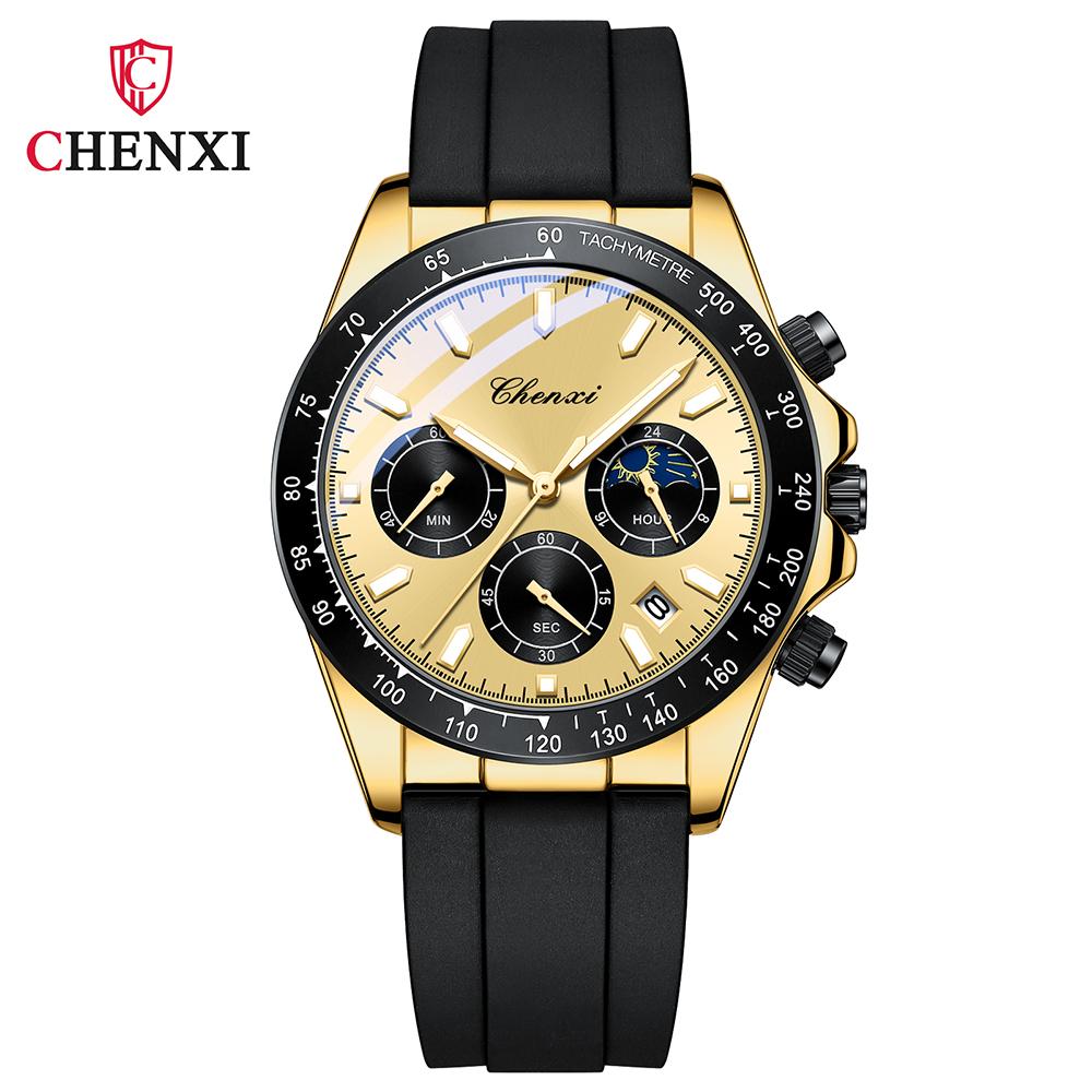 CHENXI Multi-functional Sports Silicone Strap Man Watch Moon Phase Waterproof Chronograph Business Casual Quartz Men's Watches
