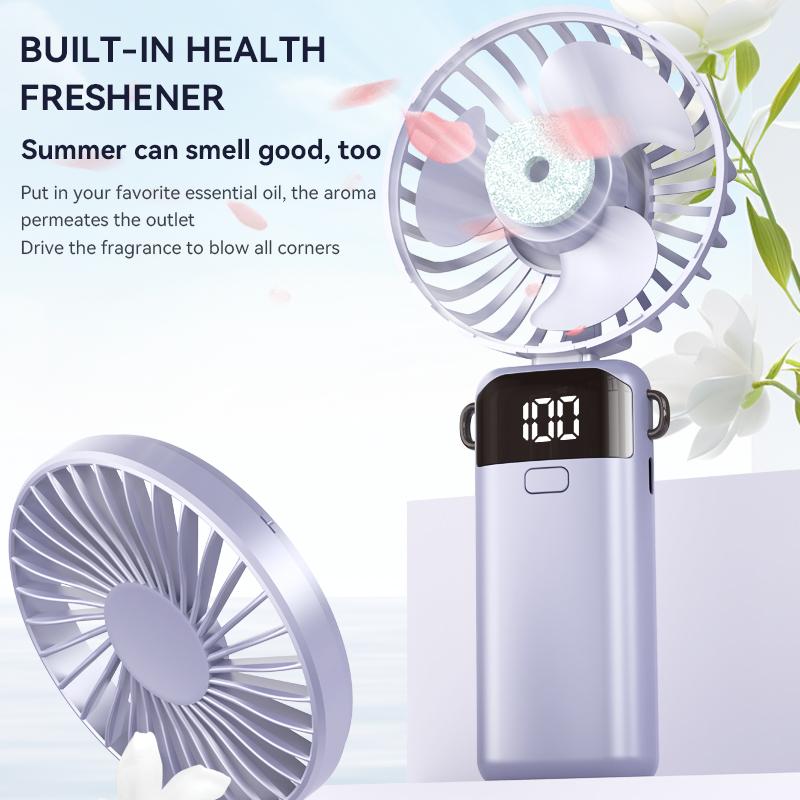 Large Capacity Handheld Mini Folding Fan Dual-Purpose Base And Neck Design 5-Speed Wind Speed Silent Rechargeable Desktop Fan