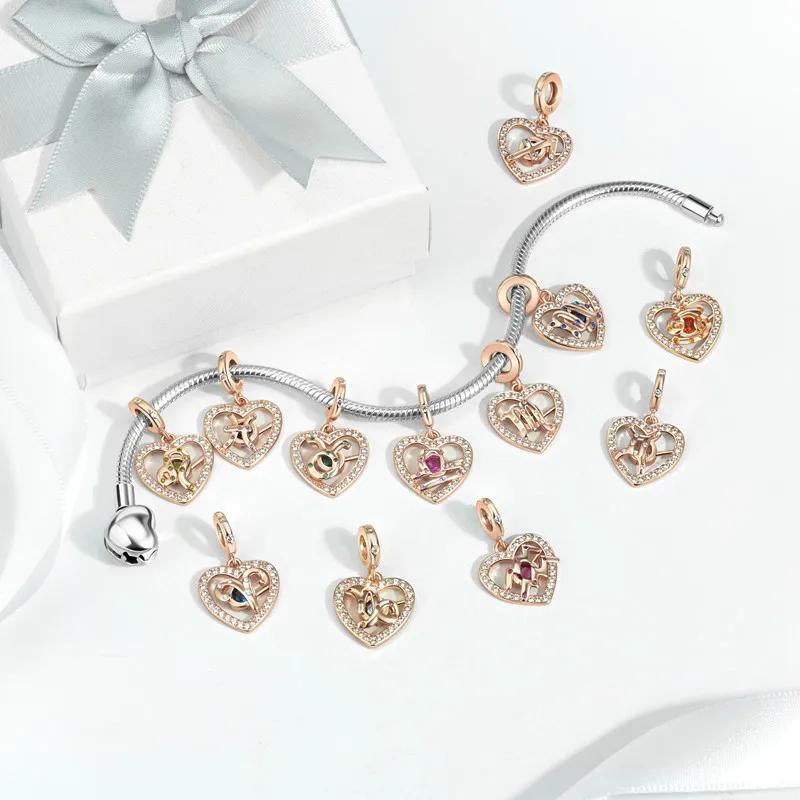 copper Twelve Constellations Heart Charm Bead Charms Bead Gemini Capricorn for Authentic Bracelets Diy Jewellery Gift for Women