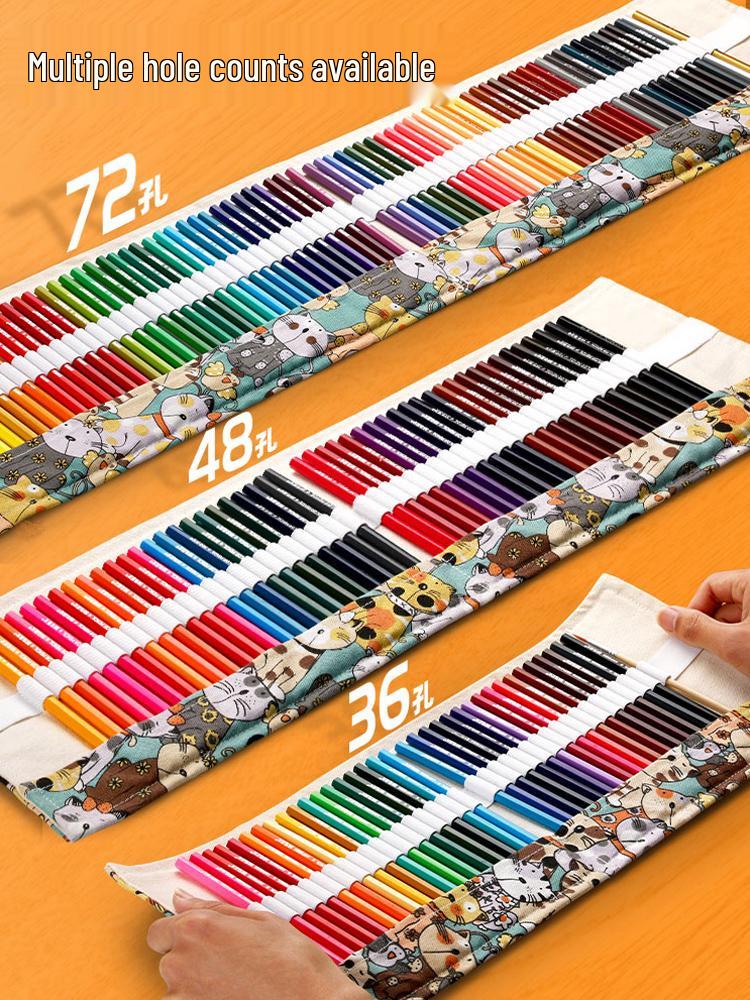 Large Capacity Canvas Roll-Up Pencil Case - 48 Holes for Colored & Sketch Pencils, Cute Design for Women & Students