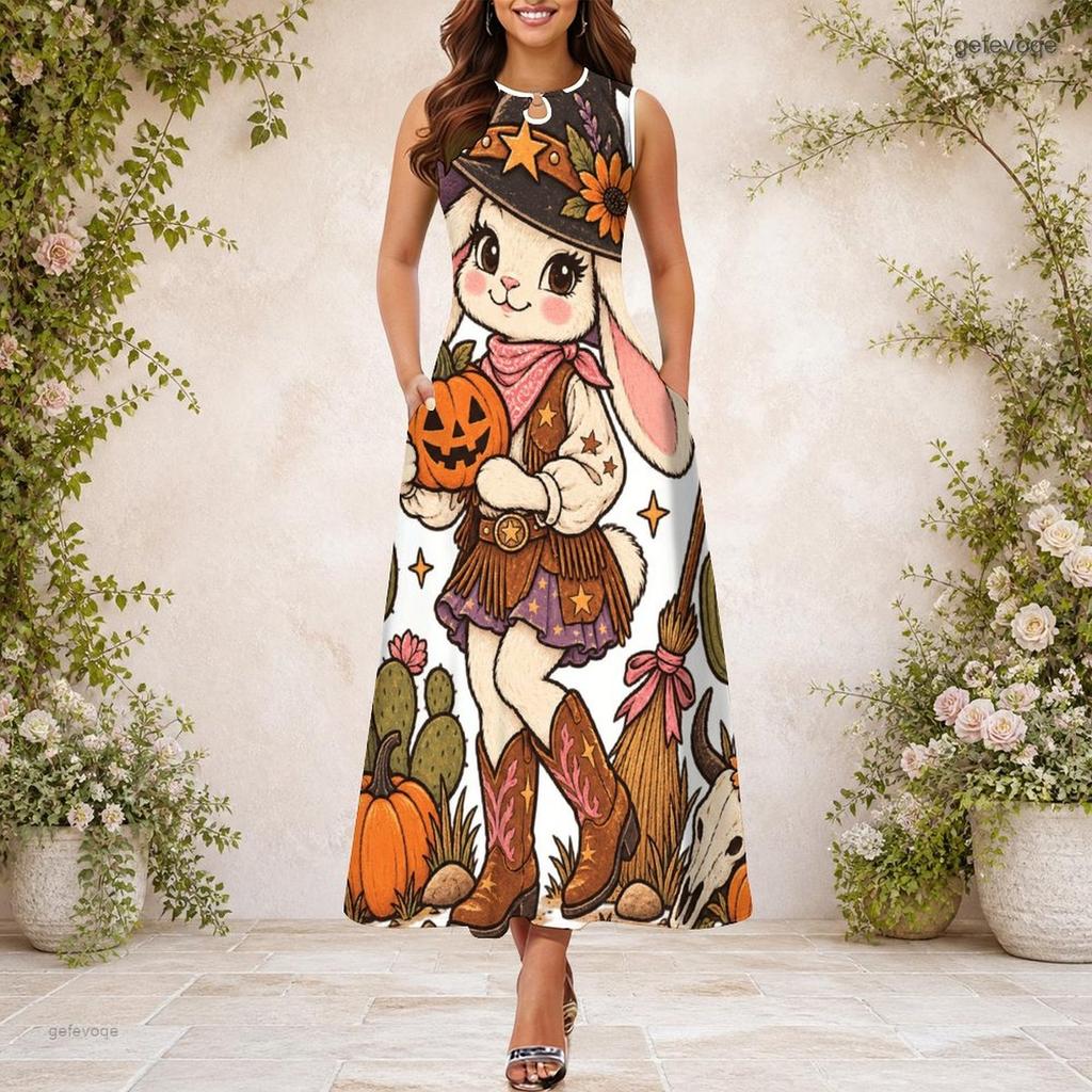 Women s Plus Size Sleeveless Keyhole Neck Halloween Ghost Pumpkin Printed White Long Dress