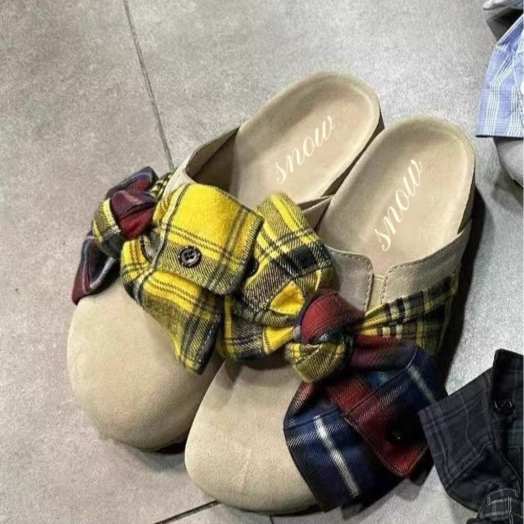 Retro plaid bag head half slippers women's summer wear new one-pedal lazy single shoes flat sandals