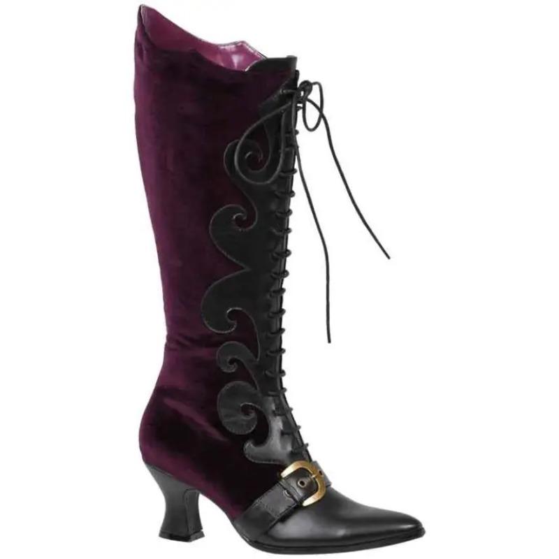 Fashion Women Vintage Witch Shoes For Halloween Steampunk Velvet Lace Up Medieval Renaissance Gothic Faux Leather Boots