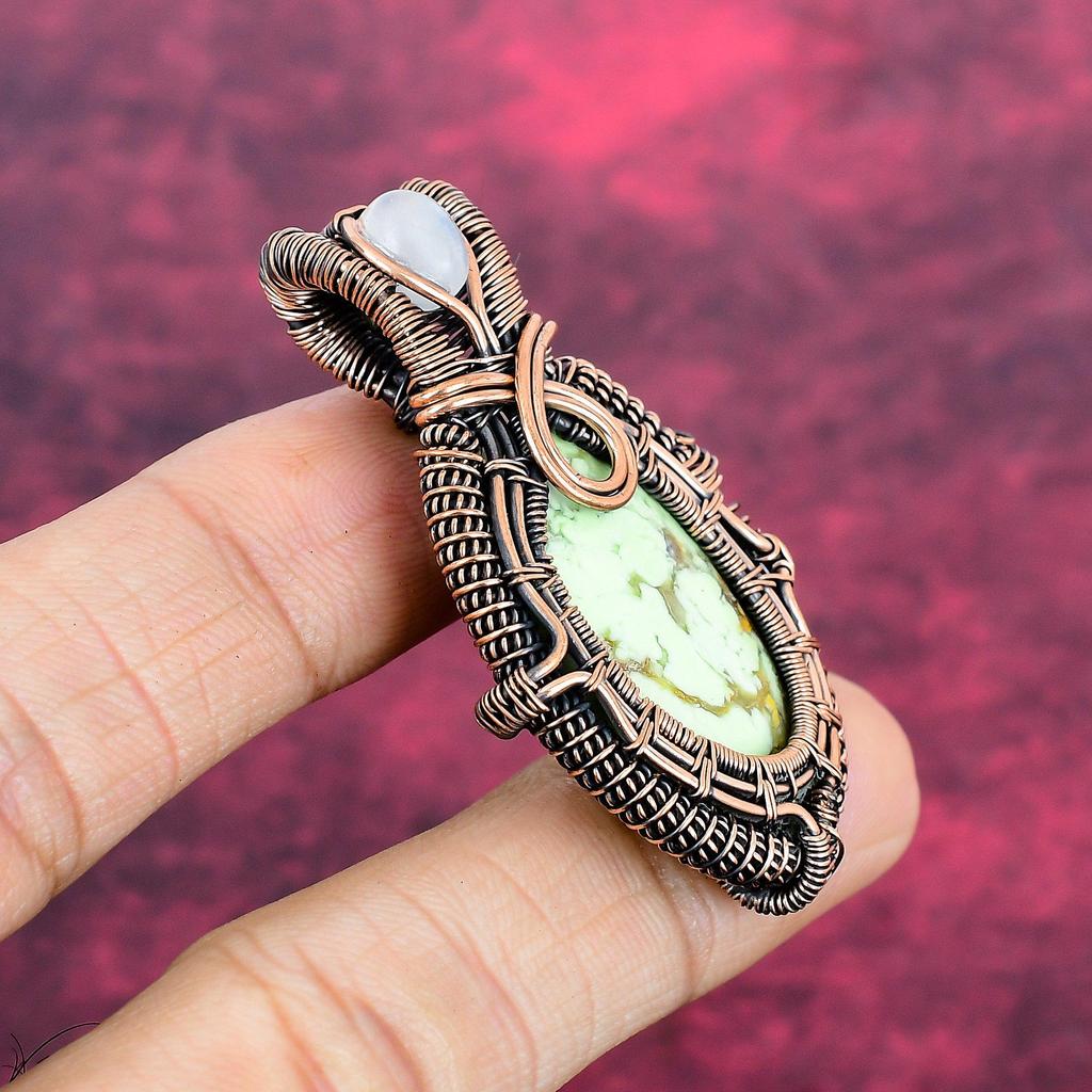 Lemon Chrysoprase Gemstone Pendant Copper Wire Wrapped Jewelry Moonstone Pendant