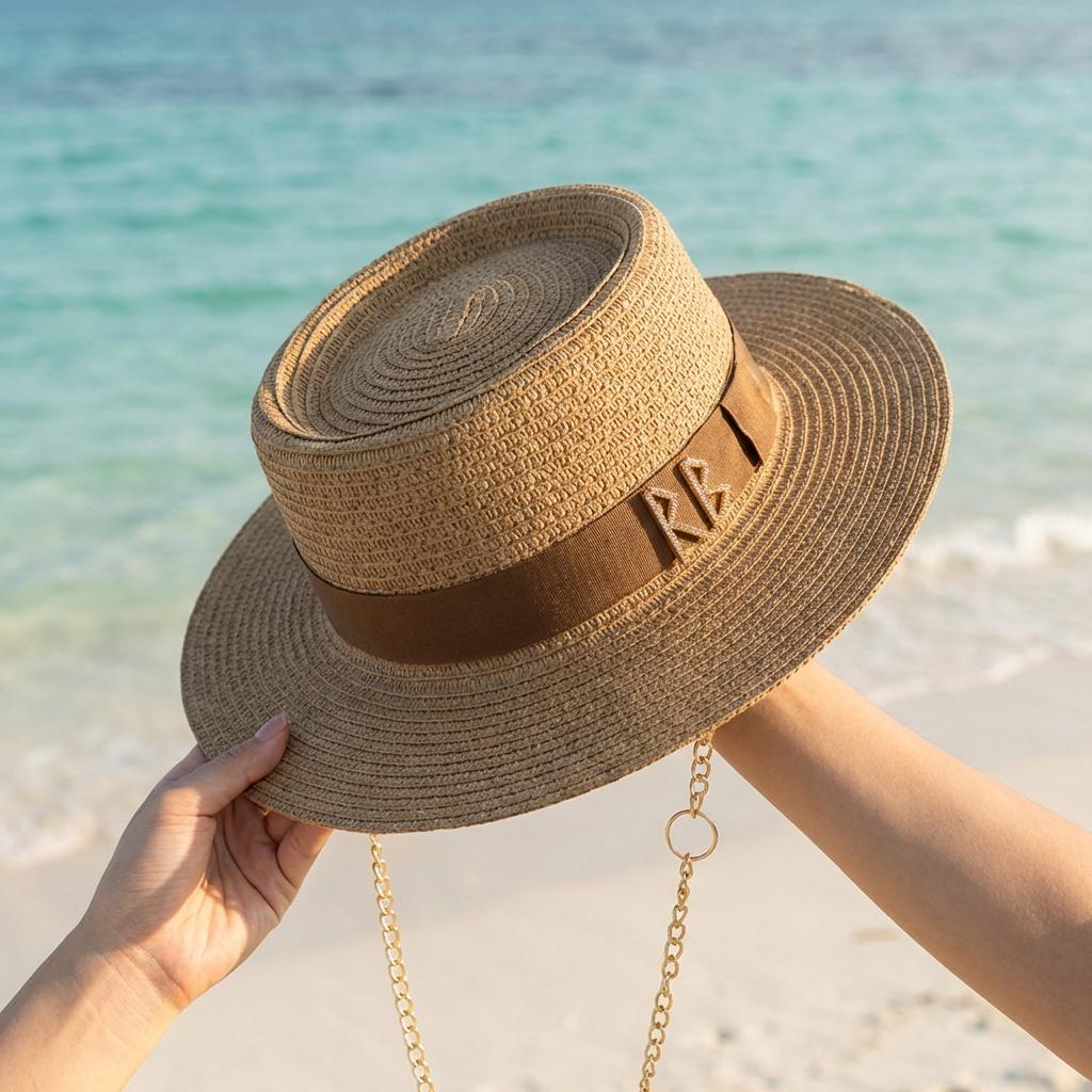 My Extreme Outdoor Activities Women's Black Summer Sun Hat Chain Straw Beach Panama Sombrero For Travel Outdoor Wide Brim Foldable Upf 50+ Sunscreen Cap With Letter 56-58Cm