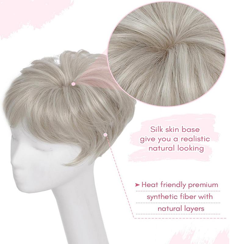 Kurzer Lockiger Synthetischer Schwarz/Grauer Topper Haarverlängerung Pony Clip-In Extension Unsichtbare Spurenlose Haarverlängerung Abdeckung Weiß