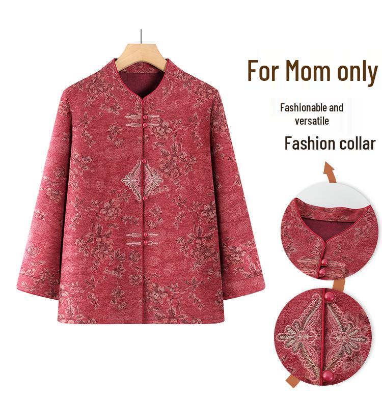 Grandma's Stand-Up Collar Long Sleeve Blouse - Spring & Fall Style for Middle-Aged Women