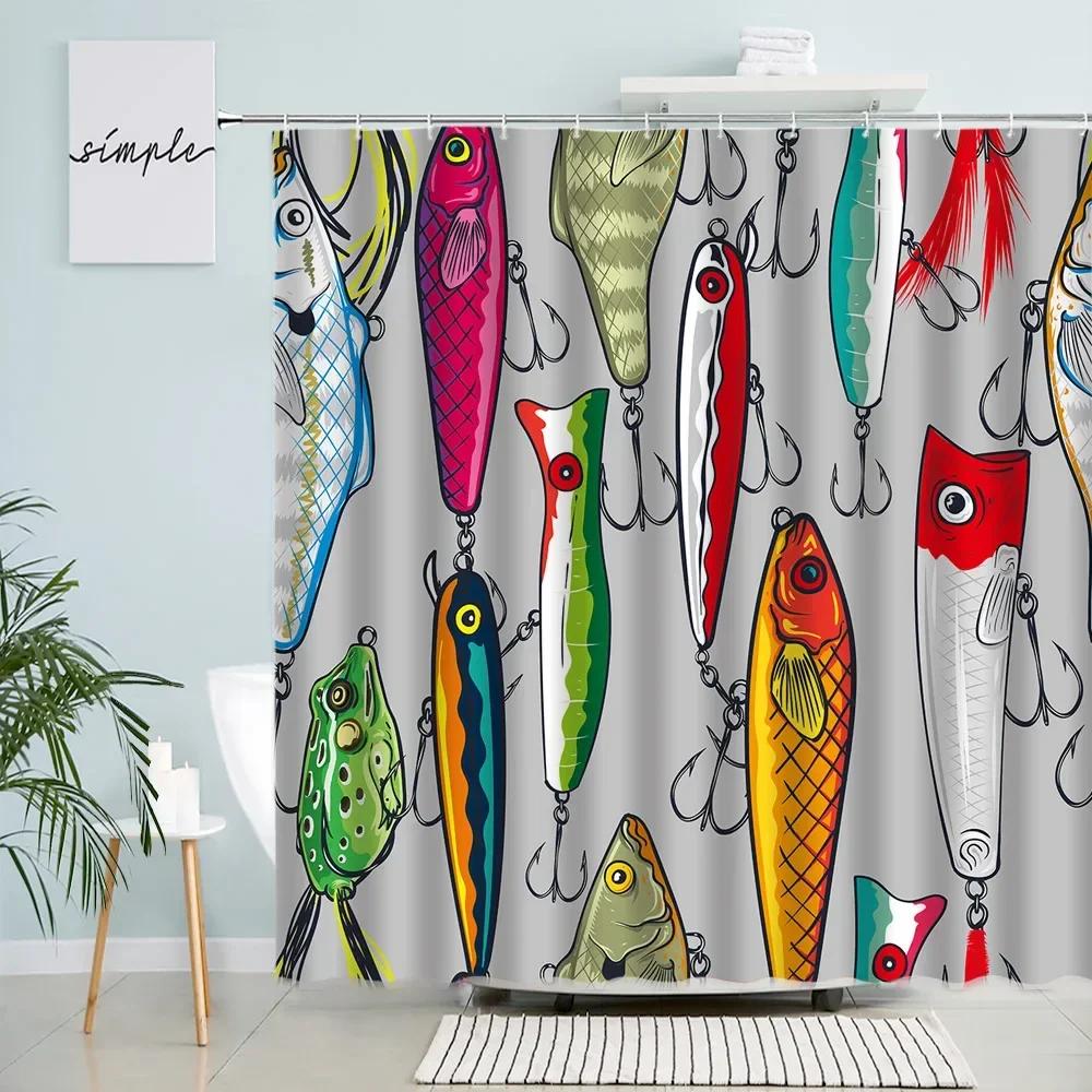 Tende da Doccia Pesci Cartoni Animati Amo da Pesca Rana Vita Marina Stampa Moderna Tessuto Decorazione Parete Casa Bagno Set Tende da Bagno Bianche