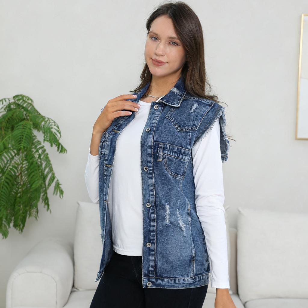Jeans Vest Women's Long-sleeved Summer Fitted Slimming Crop Top with Hole Designs and Sleeveless Blazer-style Top