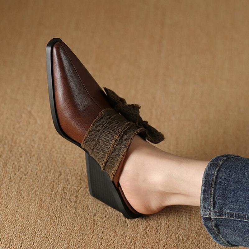 Fashion NEW Summer Women Mules Genuine Leather Shoes for Women Cover Toe Wedges Slippers Bow Knot Pointed Toe Black Women Sandals