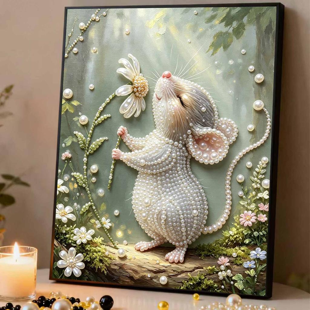 Relaxing DIY Pearl Painting Kit Framed with Cute Mouse and Daisy Design 5D Sparkling Bead Canvas Craft for Girls Bedroom Decor Art Gift