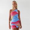 Summer Vacation Printed Slim Women's Suit Fashion Backless Hollow Lace Up Beach Outfit Sexy Asymmetrical Top with Mini Skirt Set