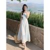 French high-end small flying sleeve suspender skirt children's summer casual girl thin square neck blue floral dress