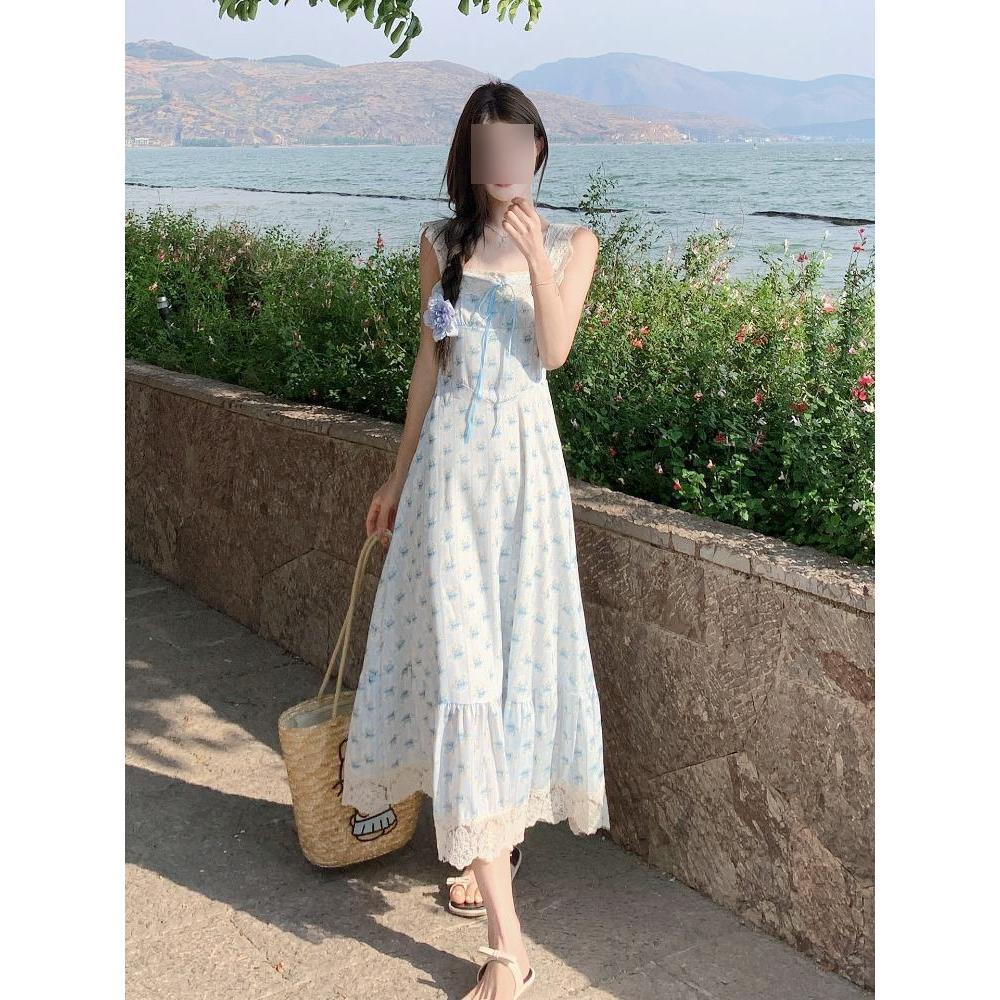 French high-end small flying sleeve suspender skirt children's summer casual girl thin square neck blue floral dress