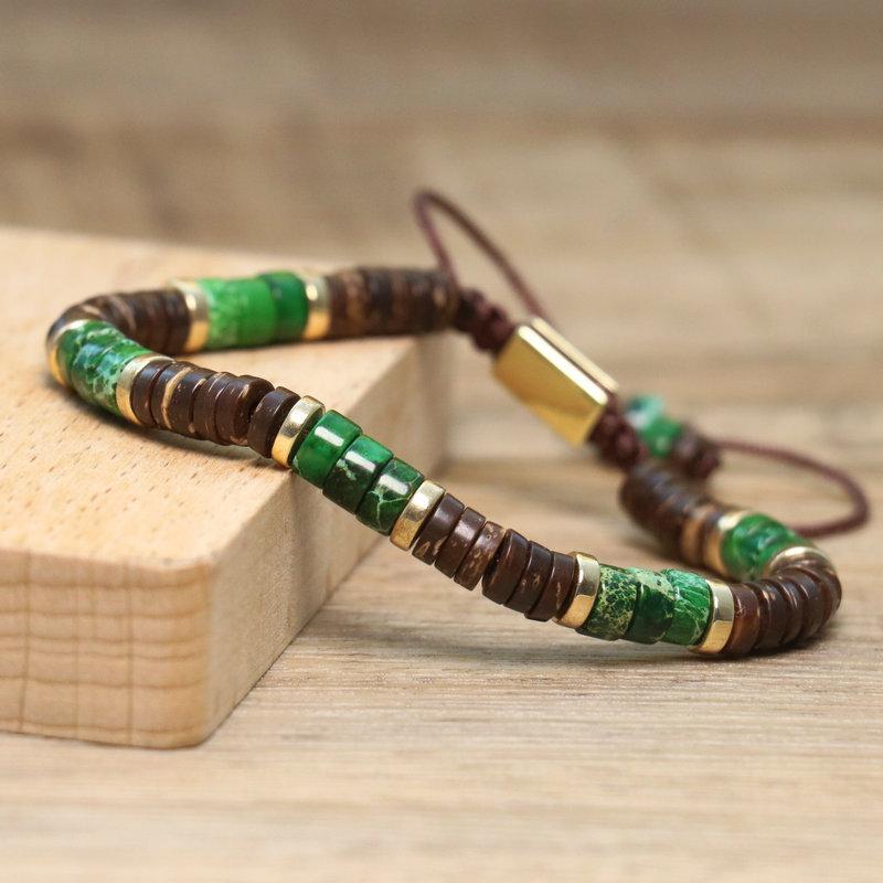 Turquoise Coconut Shell Beaded Bracelet – Gold Accent Adjustable Boho Jewelry, Natural Stone Healing Gift for Men & Women